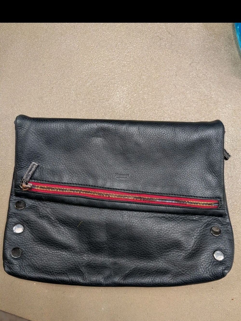 Hammitt Black Leather Fold-Over Crossbody with Red Zip